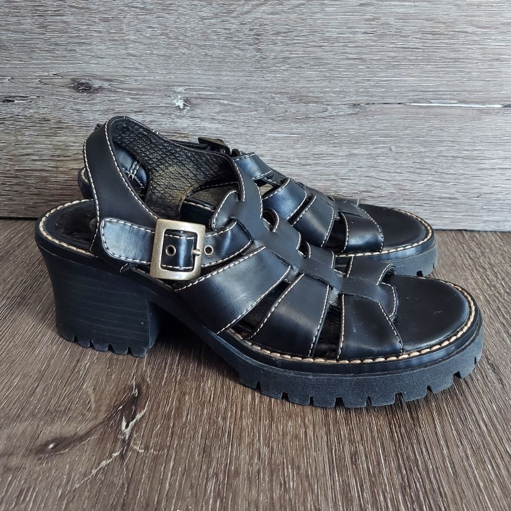 Vintage 90s Lower East Side Black Chunky Heel Platform Fisherman Sandals Size 7